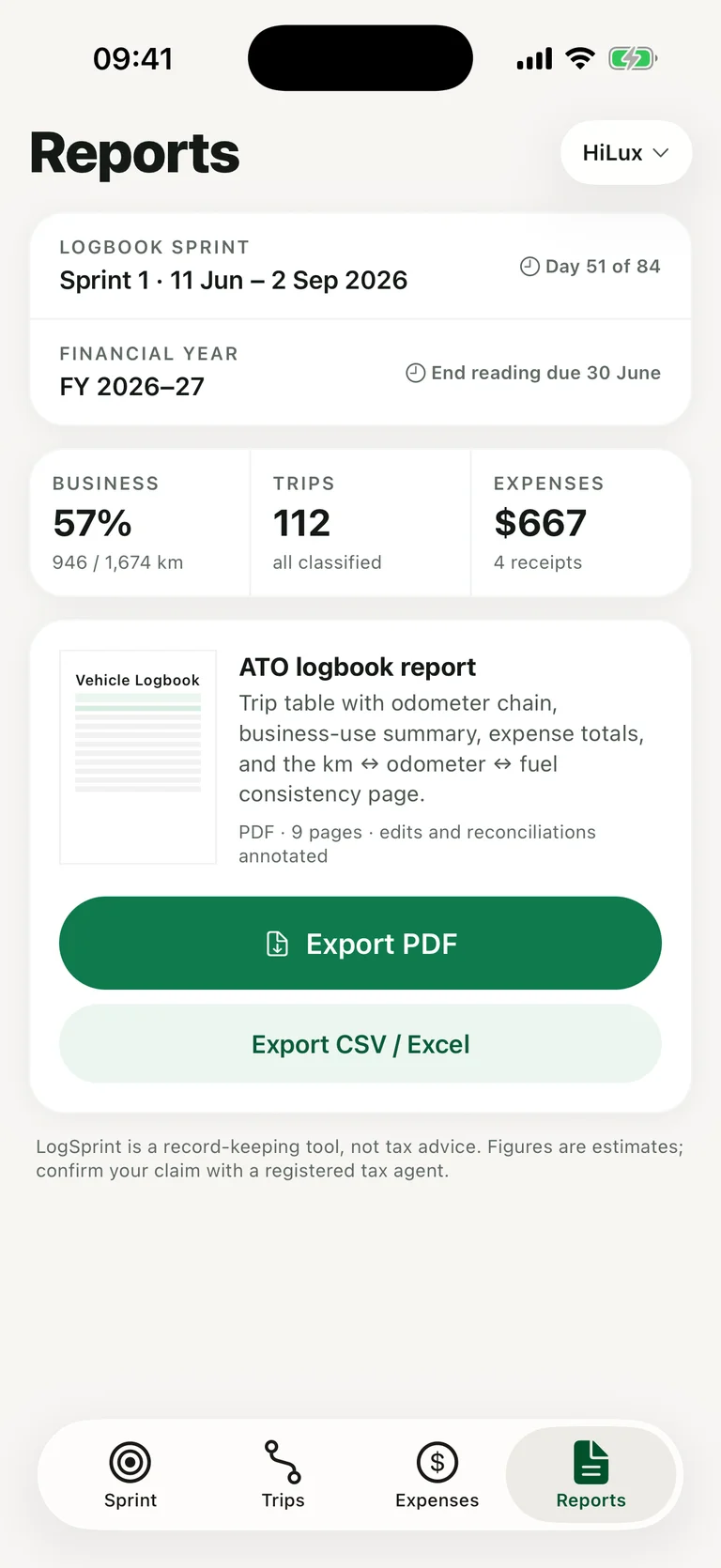 LogSprint reports screen with the ATO logbook report ready to export as PDF or CSV