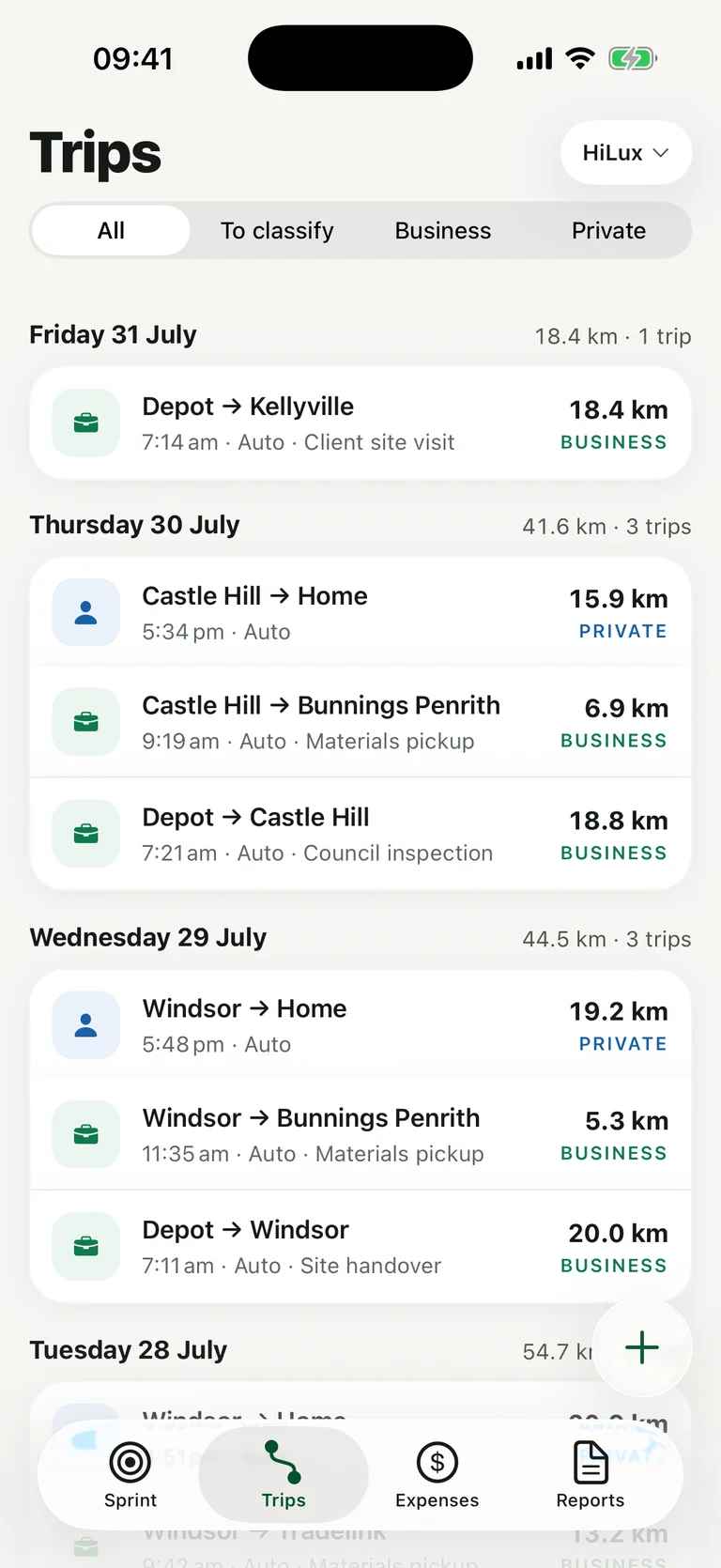 LogSprint trips list: a week of automatically recorded drives, each classified business or private
